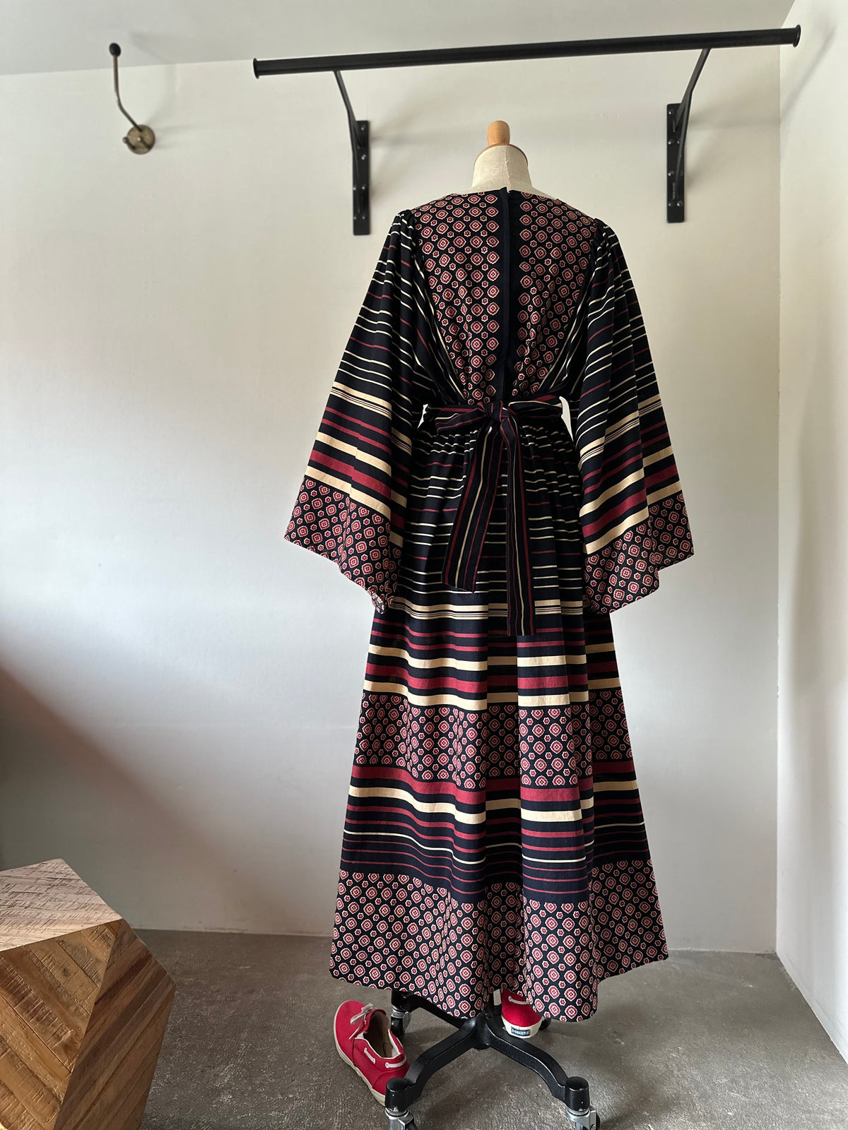 floral×stripe wide sleeve dress