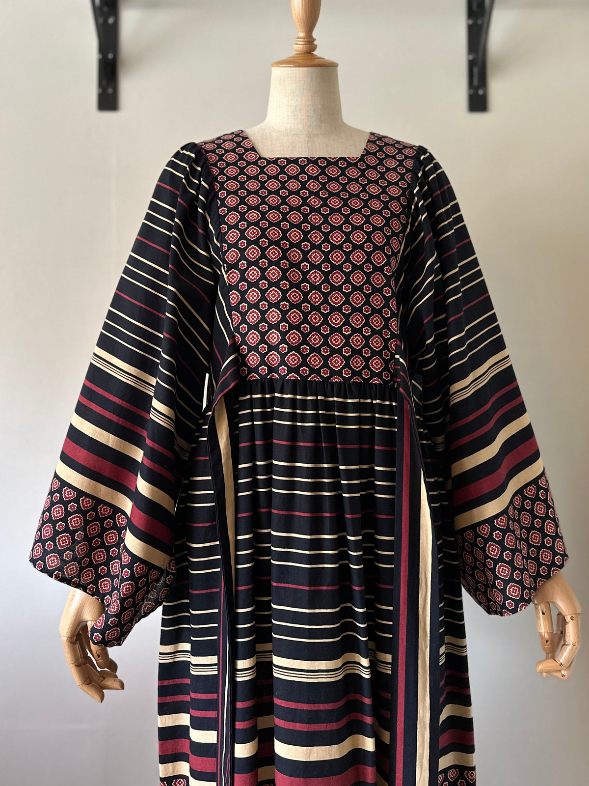 floral×stripe wide sleeve dress