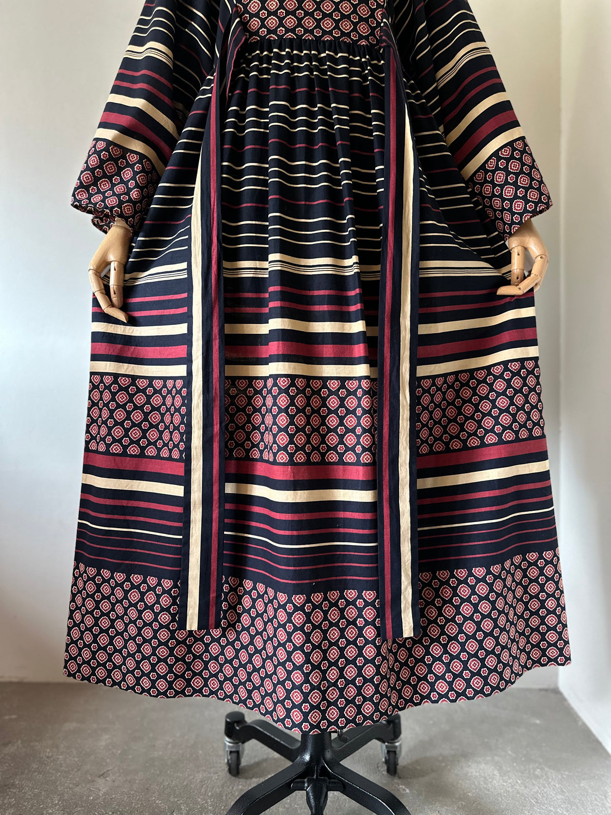 floral×stripe wide sleeve dress