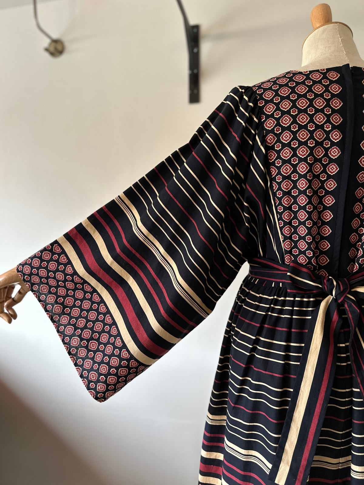 floral×stripe wide sleeve dress