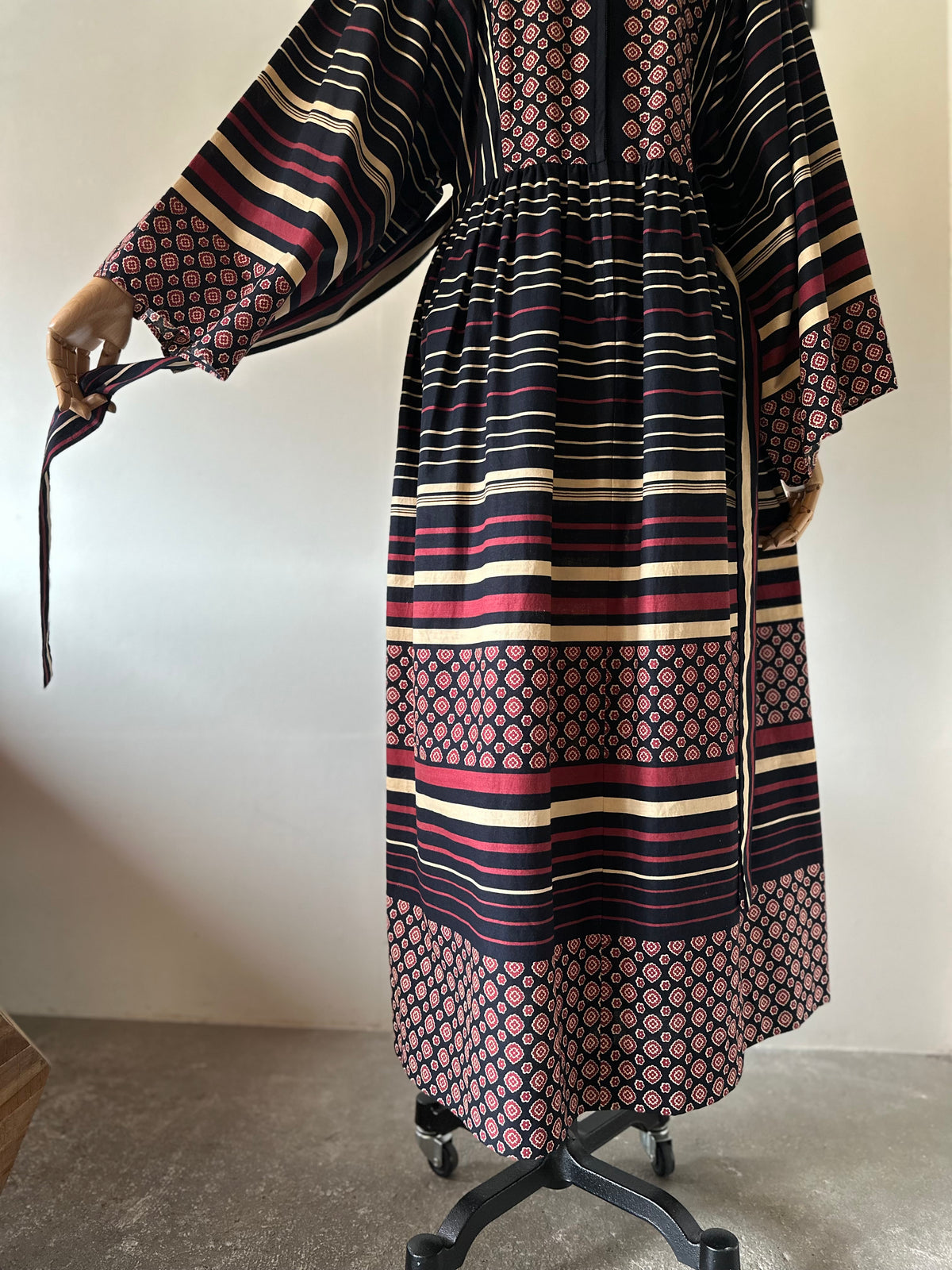 floral×stripe wide sleeve dress