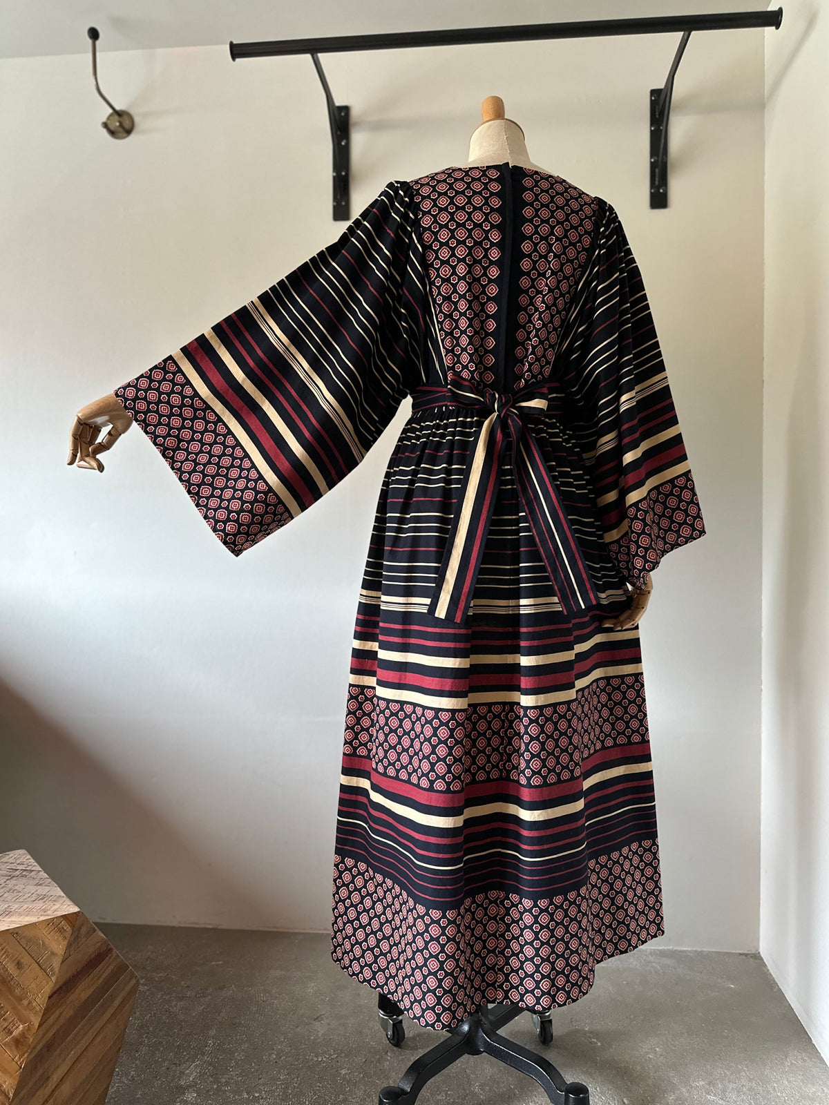 floral×stripe wide sleeve dress