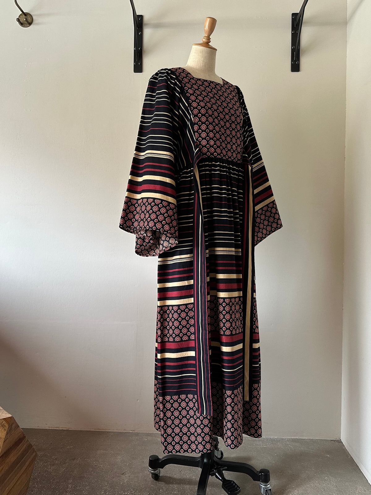floral×stripe wide sleeve dress