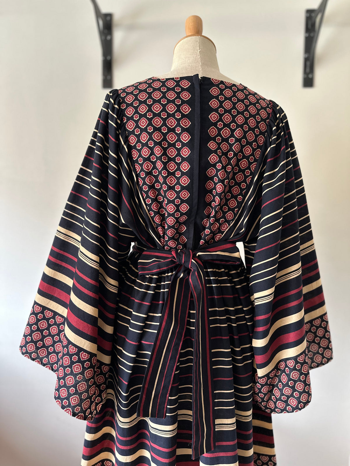 floral×stripe wide sleeve dress