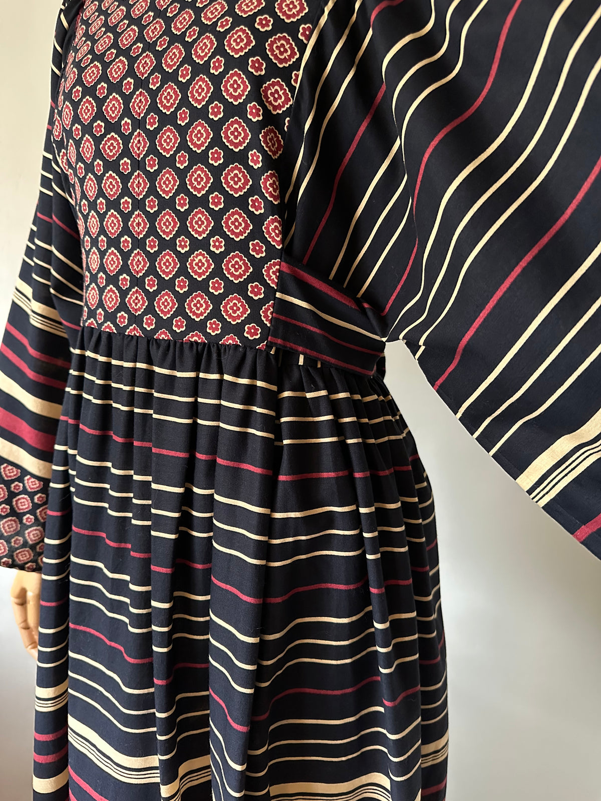 floral×stripe wide sleeve dress
