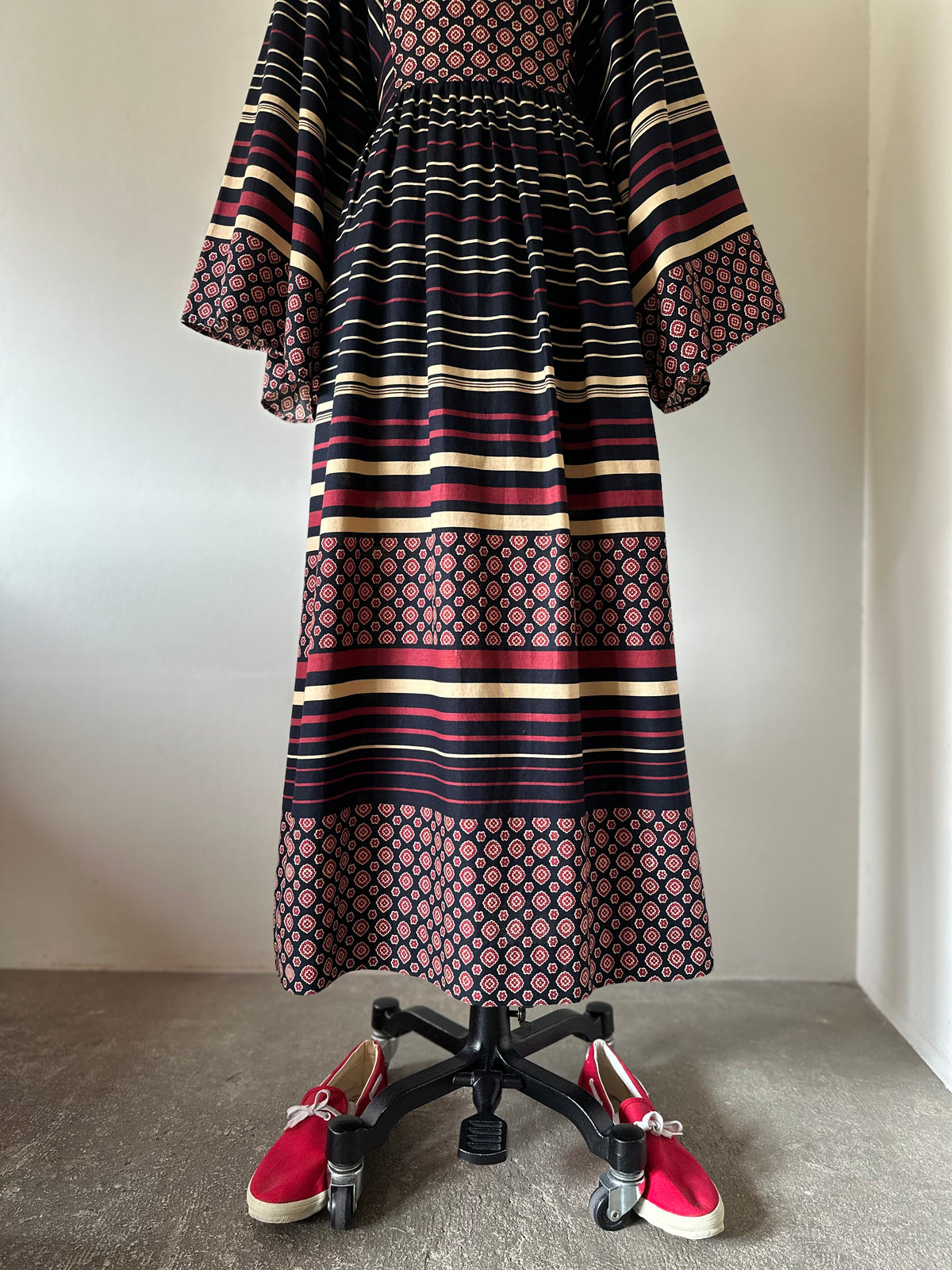 floral×stripe wide sleeve dress