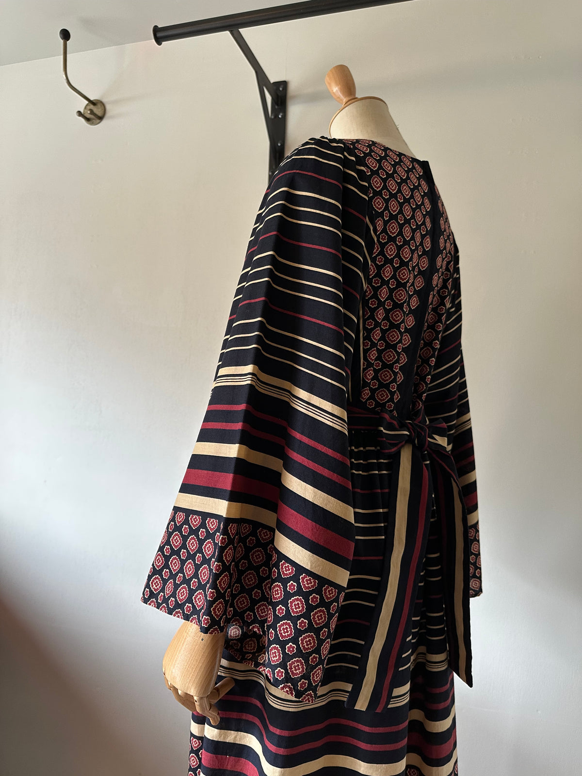 floral×stripe wide sleeve dress
