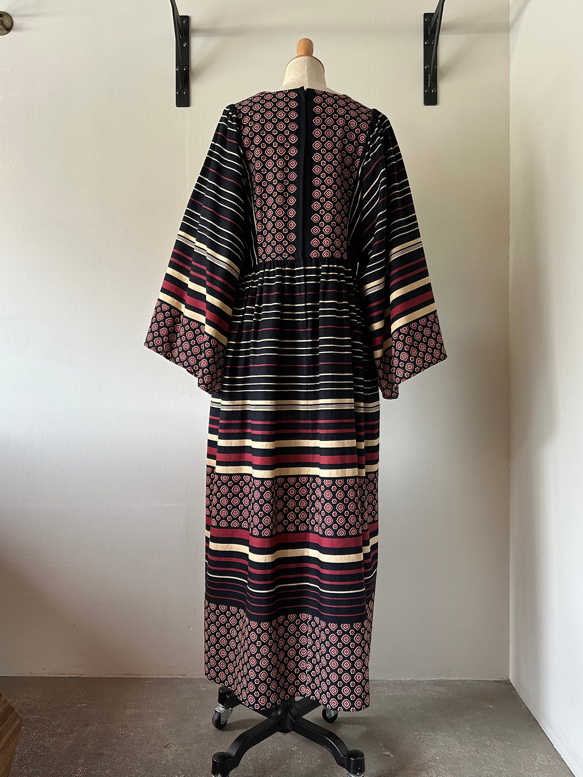 floral×stripe wide sleeve dress