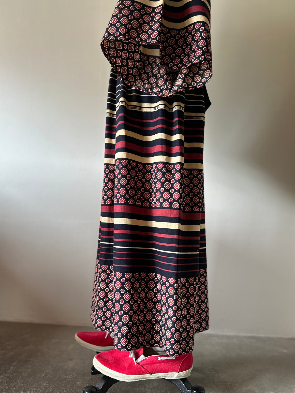 floral×stripe wide sleeve dress