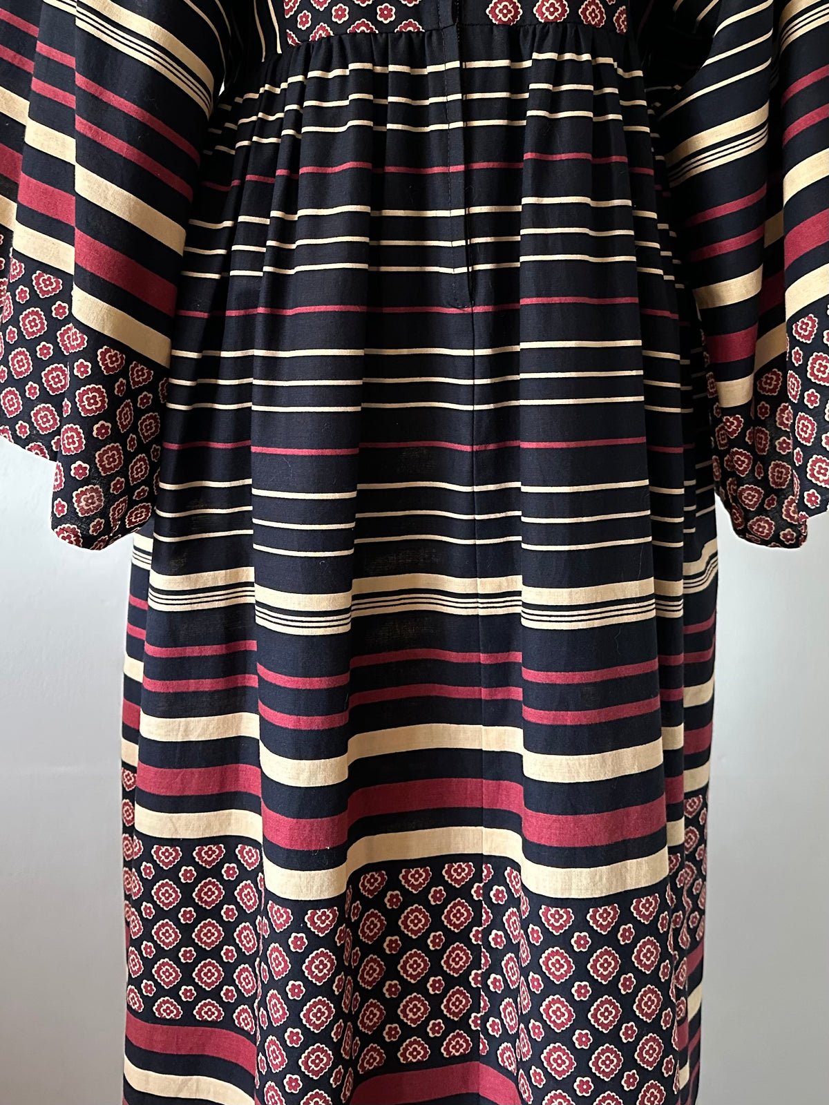 floral×stripe wide sleeve dress