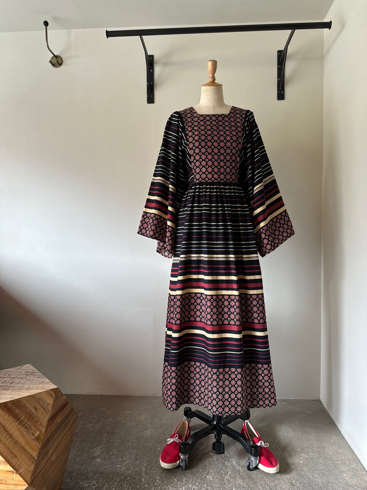 floral×stripe wide sleeve dress