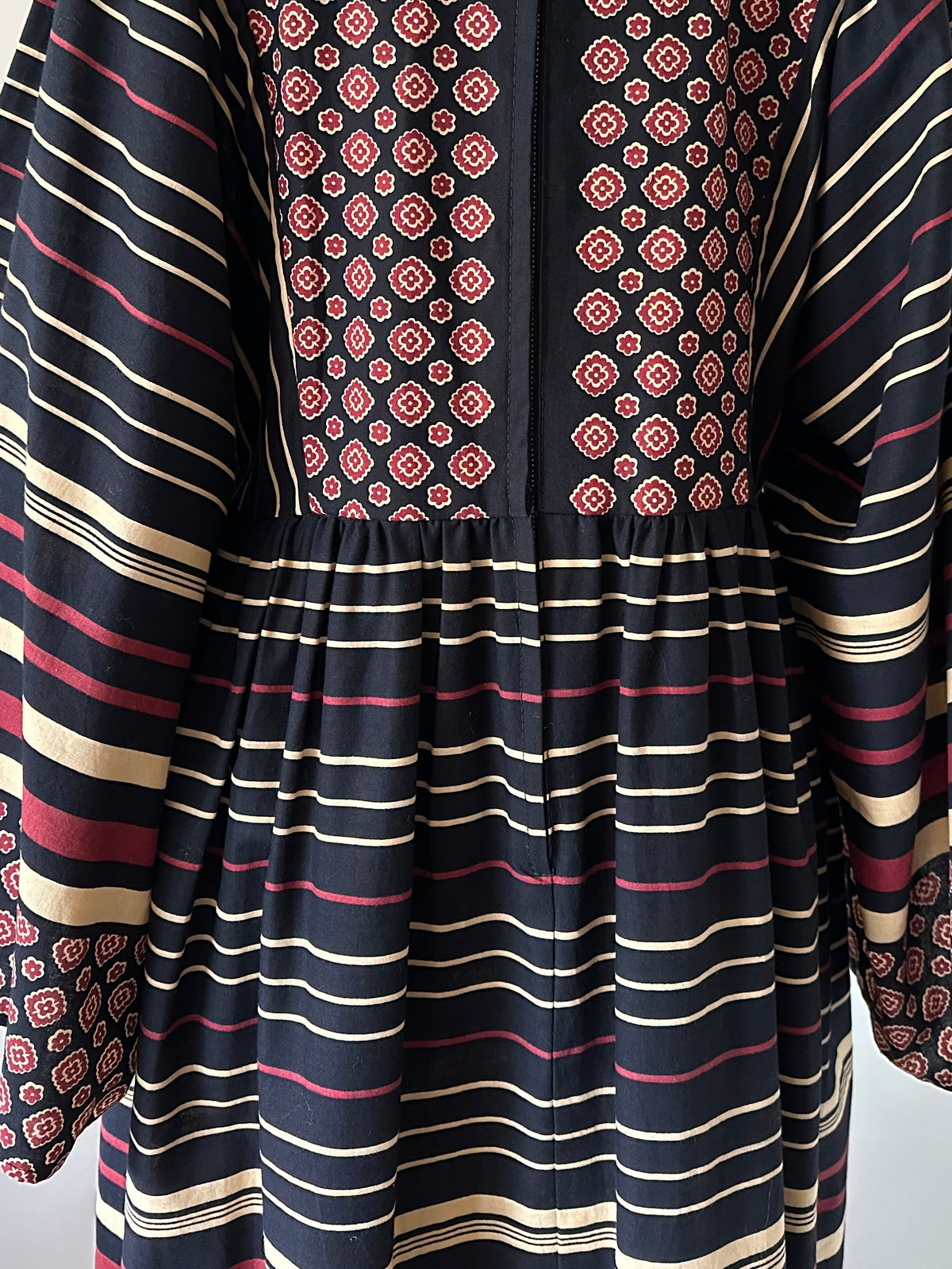 floral×stripe wide sleeve dress