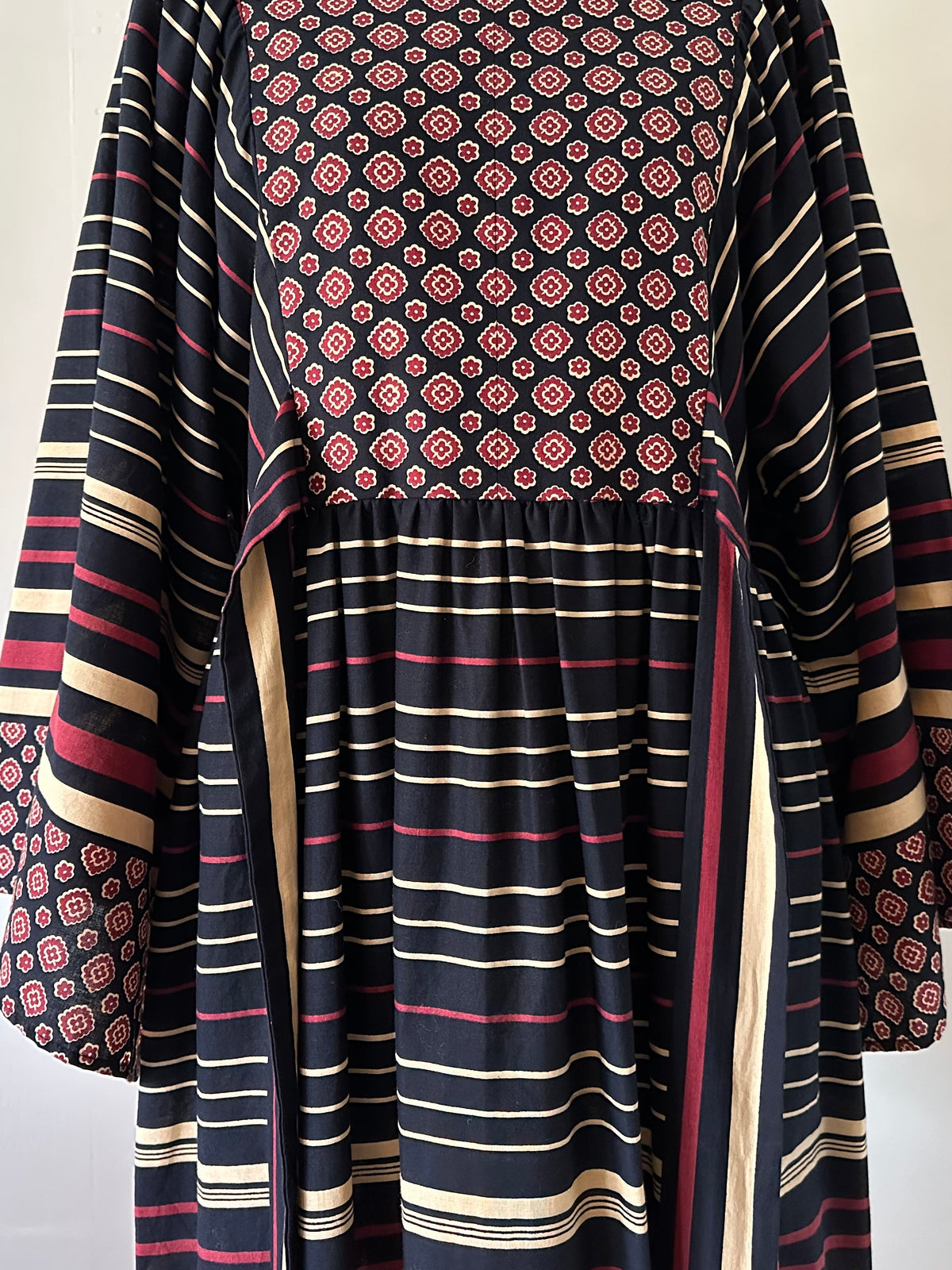 floral×stripe wide sleeve dress