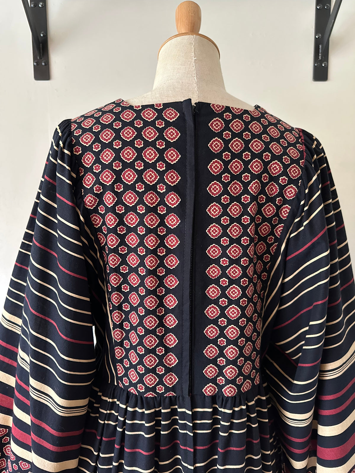 floral×stripe wide sleeve dress