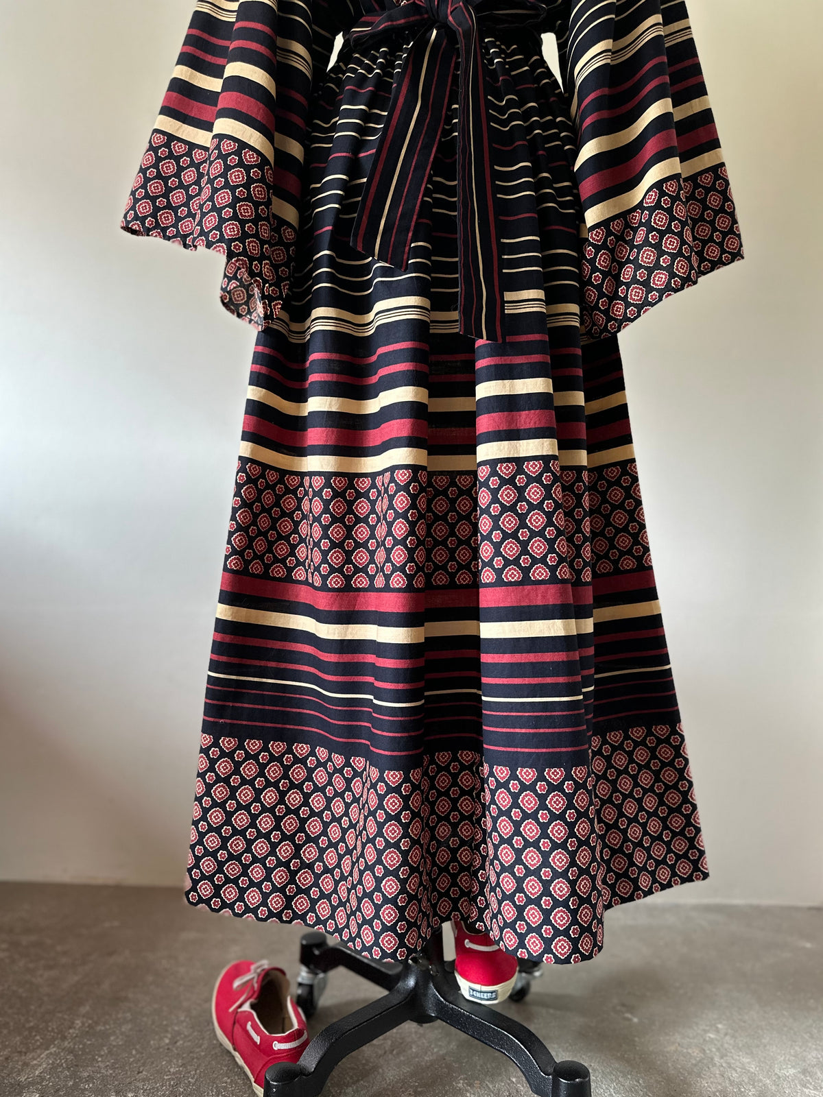 floral×stripe wide sleeve dress
